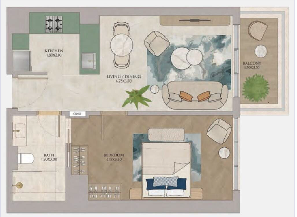 1BR typical layout · from 60.11 m²