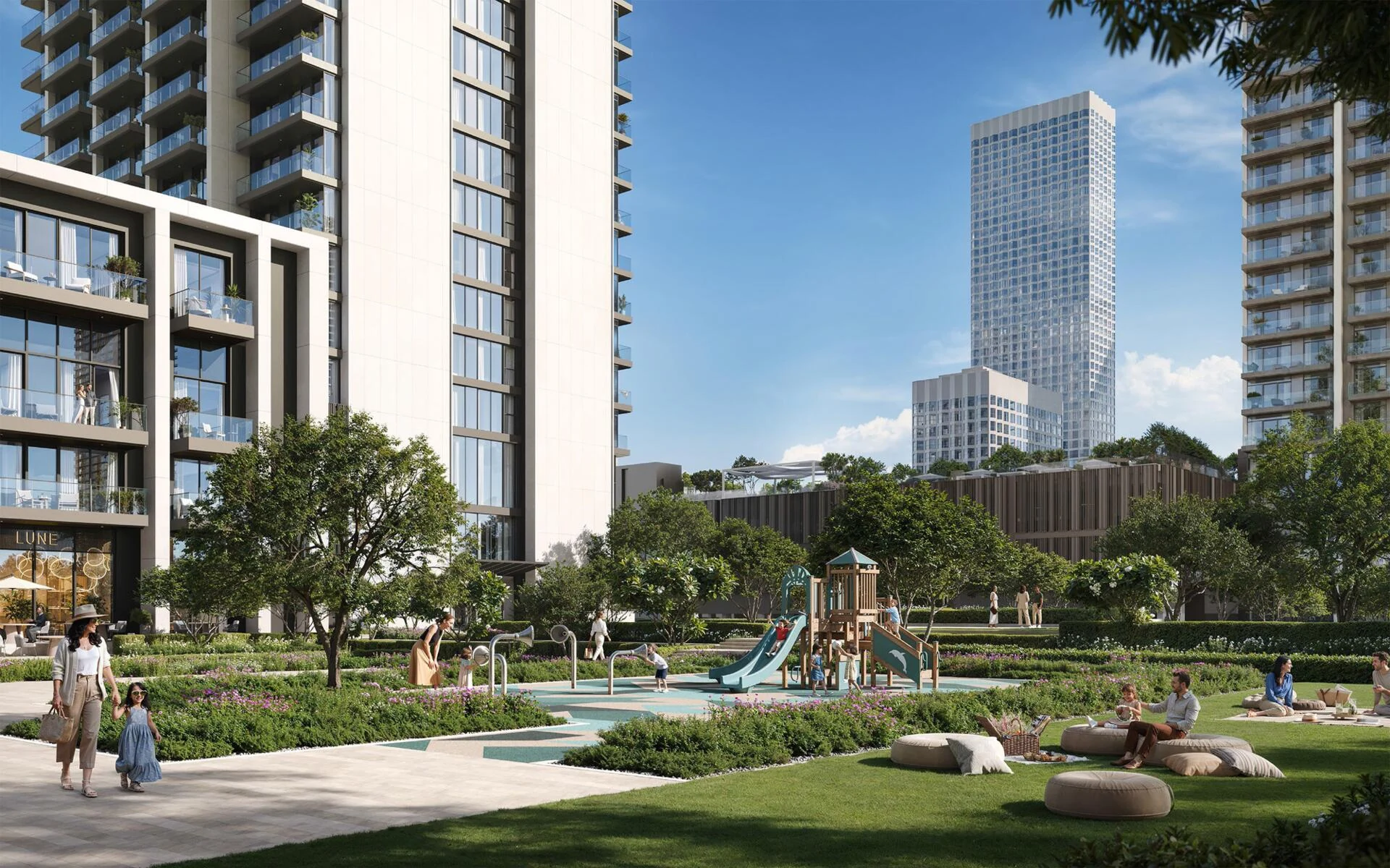 Landscaped family amenities at Valia